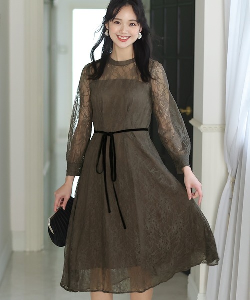 セール】袖あり&ミモレ丈 パーティードレス シアーレースお呼ばれ結婚