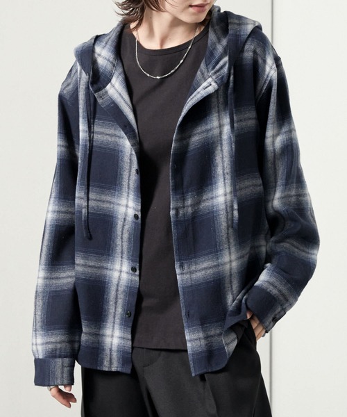 Alfred Alex】オンブレチェックオーバーサイズフードネルシャツ