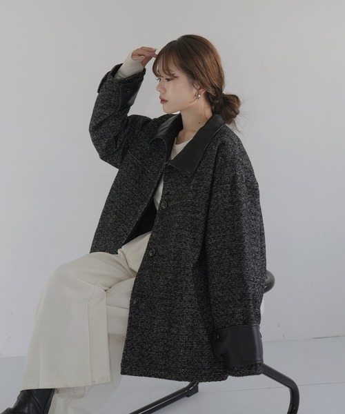 セール】【sakippe×hellam】レザーカラー中綿オーバージャケット