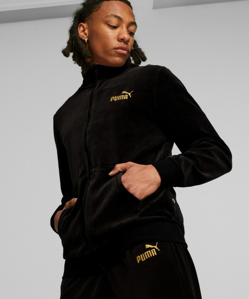 プーマ☆PUMA ベロア セットアップ 刺繍ロゴ 切替 上下セット 灰×黒 XL