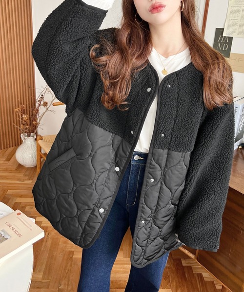 セール】ボア切り替えキルティングコート（ノーカラージャケット