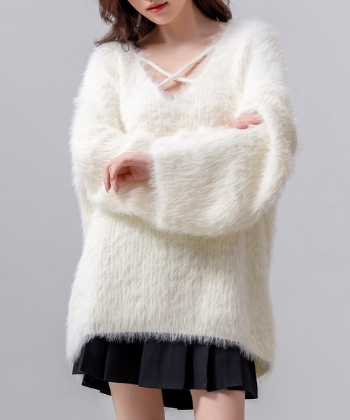 セール】レディース 長袖オーバーサイズクロスストラップシャギー