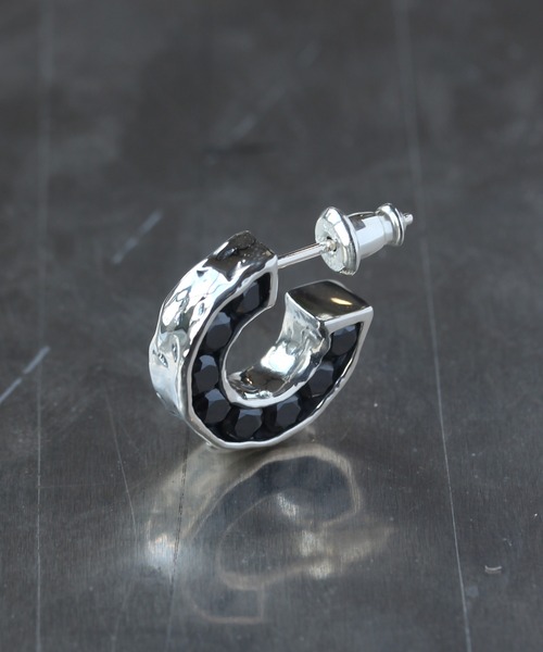 シルバー925ブラックジルコニア埋め込みフープアス/レディース/メンズ