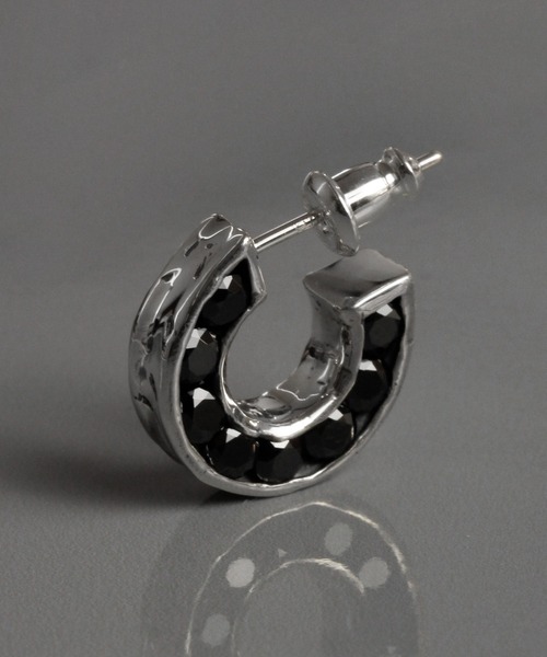 シルバー925ブラックジルコニア埋め込みフープアス/レディース/メンズ