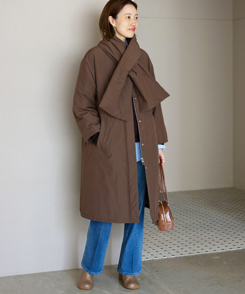 セール】《ストール付き/WEB限定》中綿ストール付きノーカラーコート