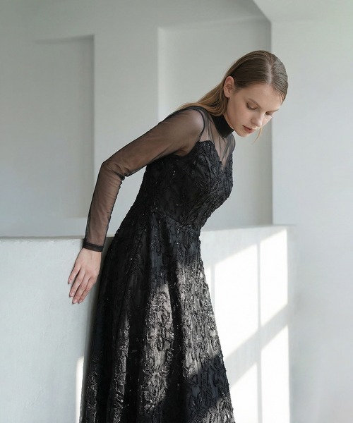 セール】【LEJA】シアーフラワーレースレイヤードワンピースドレス2点