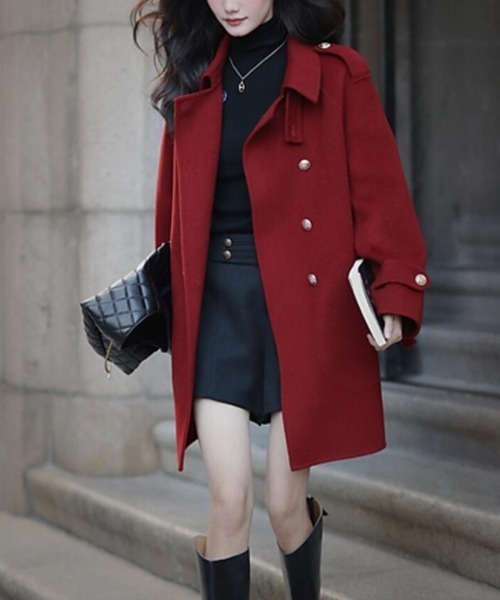 ダブルブレストベルト付きミドルレングスコート（ピーコート