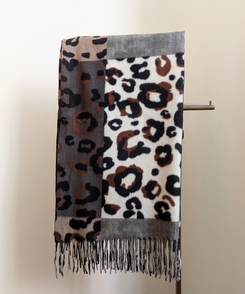 セール】25-26AW新作 レオパード柄大判フリンジストール モノトーン