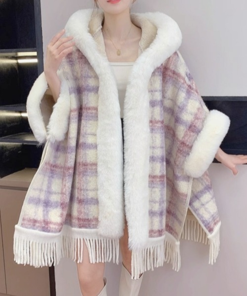 Y2Kガーリーふわふわフード付きケープポンチョアウター【新作