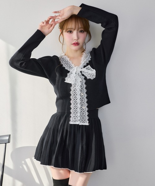 セール】レース襟配色ニットセットアップ（セットアップ）｜one after