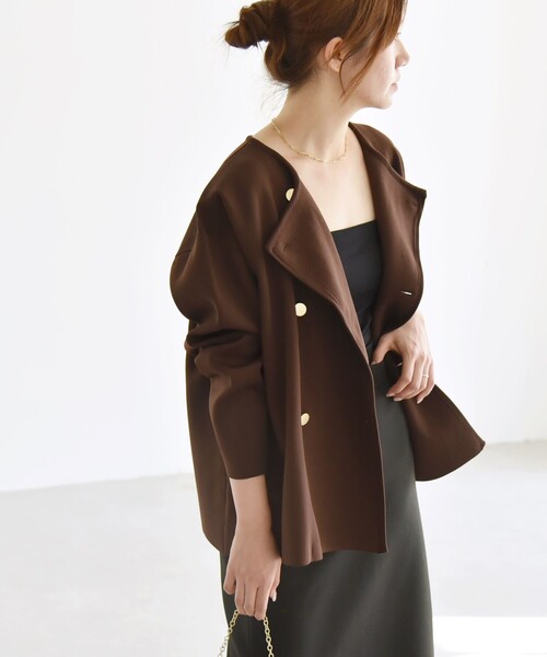 quaranciel:〈手洗い可能〉ニット ノーカラー ダブル ジャケット