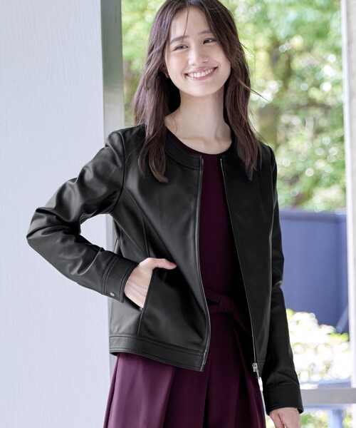 本革】ノーカラーシープレザージャケット（ノーカラージャケット