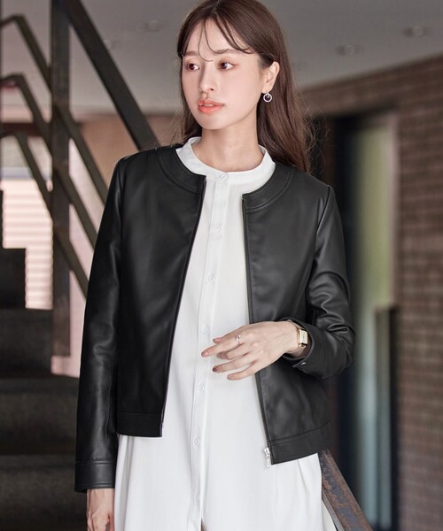 本革】ノーカラーシープレザージャケット（ノーカラージャケット