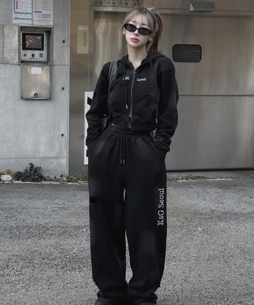 クロップドダブルジップダメージセットアップ（セットアップ）｜KsG