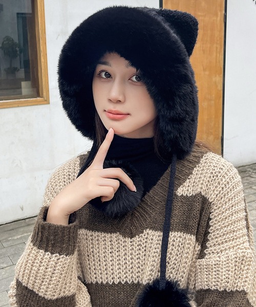 セール】ぽんぽん付き猫耳デザインニットキャップ（ニットキャップ