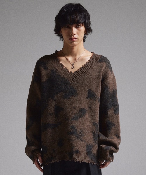 GRANCY】Spray Damaged V-neck Wool Knit / スプレーダメージVネック