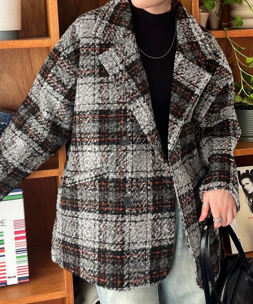 セール】ブークレチェック柄ダブルブレストジャケットコート