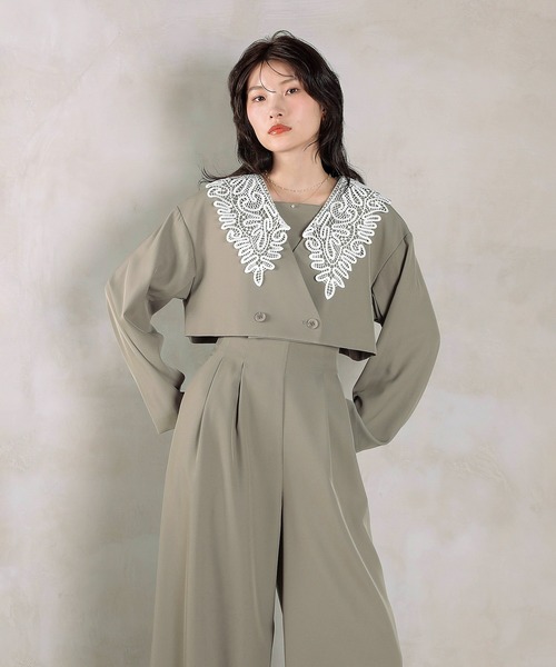 レース ビッグカラー ショート ジャケット ワイドパンツ ドレス 2点