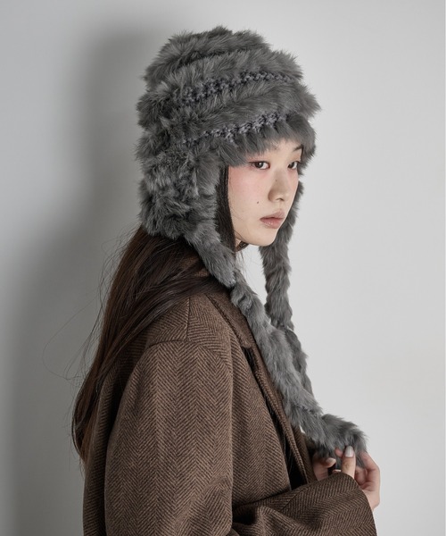 セール】ラビットファー編み込みニットキャップ（ニットキャップ
