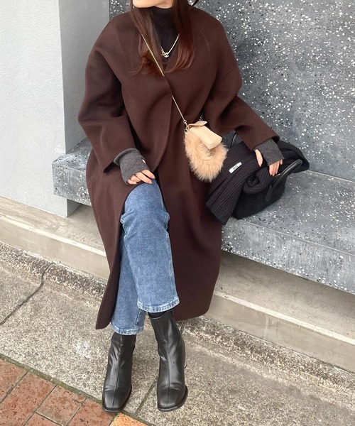 セール】ノーカラーリバーロングコクーンコート（ノーカラーコート