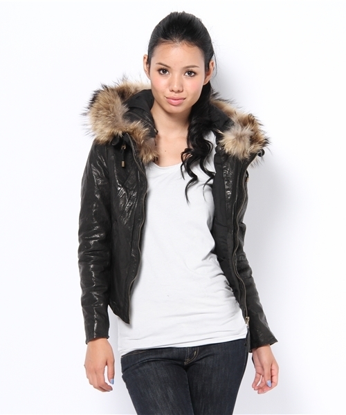 Goa 襟ファー フード付きラムレザーシングルライダースジャケット Y2K