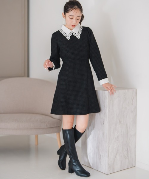 セール】2025秋冬新作 レース襟付きツイードミニワンピース