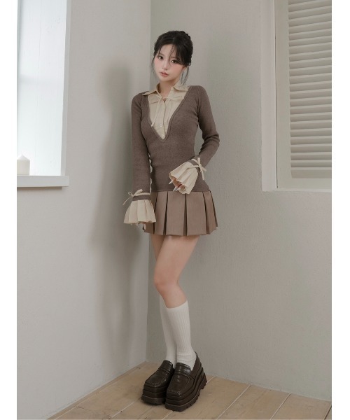 シャツドッキングプリーツミニワンピース（ワンピース）｜Darich