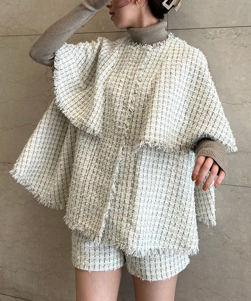 ほぼ新品】anuans ツイードケープジャケット ホワイト アニュアンス