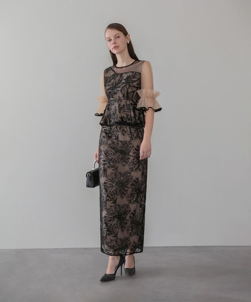 LEJA】アシンメトリーシアーフラワースパンコールフリルチュール