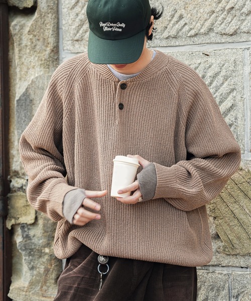 ウール混 ラグラン ヘンリーネックニット（ニット/セーター）｜Bleme