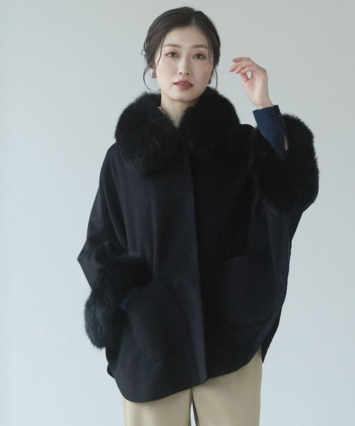 新品同様 タグ付 CHERI MI ファー ケープコート 黒 ポンチョ Free