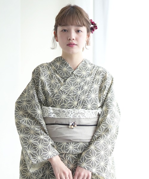 utatane（ウタタネ）の「浴衣3点セット 綿麻 モノクロ点描麻の葉（浴衣