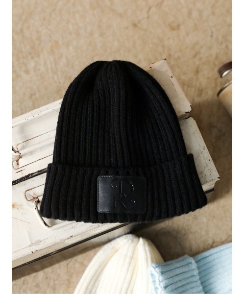 セール】レザーパッチニットビーニー（ニットキャップ/ビーニー