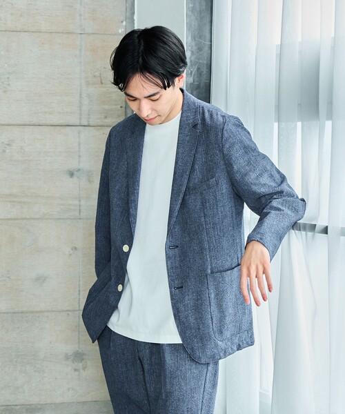 BEAMS デニムプリント シアサッカー 2ボタン ジャケット パンツ セット