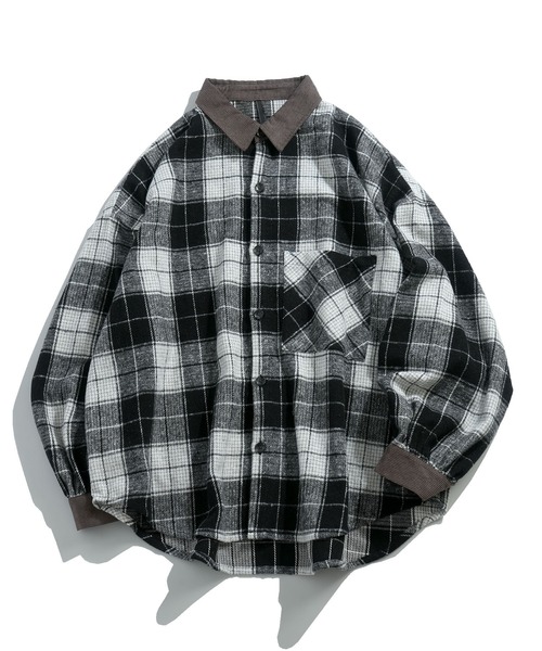 セール】Vintage-like collar corduroy check flannel shirt