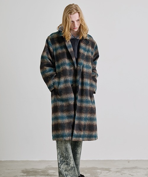 Revo. オーバーサイズ シャギーチェック ダブルブレスト ロングコート