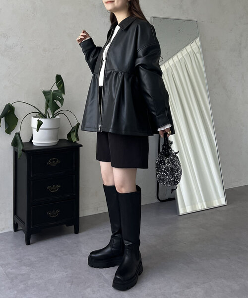 Heve【新品】Petal Form Blouson ペプラムレザーblack Petal Form