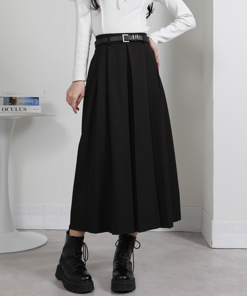 セール】ベルト付 タックプリーツ ロングスカート（スカート
