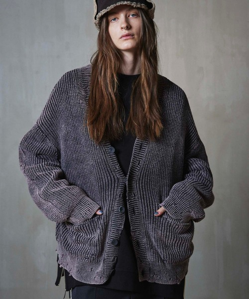 UNISEX》Snow Wash Damaged Prime-Over V-Neck Knit Cardigan/スノー