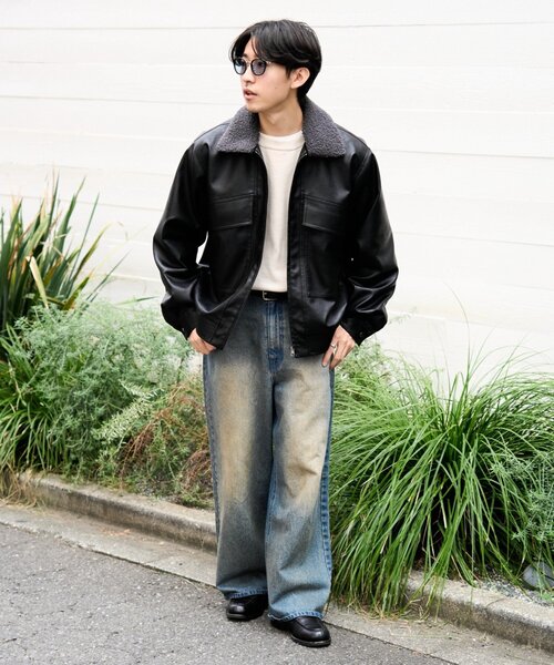 セール】【ユニセックス】3WAY襟ボア取り外し可能/合皮/レザージップ