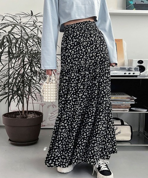セール】小花柄ティアード切替ボリュームロングスカート（スカート