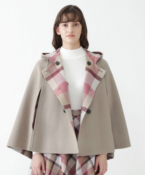 チェック柄 ポンチョ リバーシブルファー付き ブルーレーベル