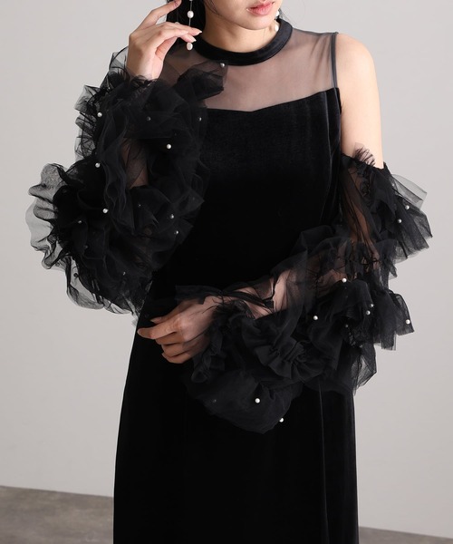 セール】結婚式パーティードレスデタッチドスリーブ袖あり&ミモレ丈