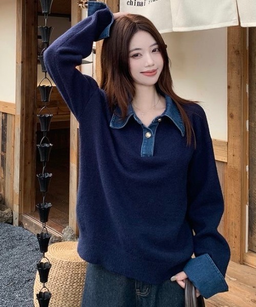 セール】デニム襟付きフェイクレイヤードニット / プルオーバー / 3色