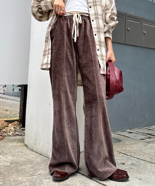 セール】【スタイルアップ】紐ベルト付きベロアフレアパンツ