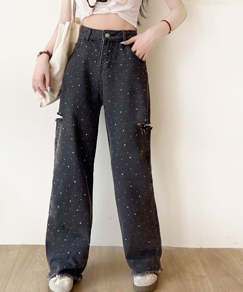 セール】ラインストーン付きサイドオープン裾フリンジ デニムパンツ