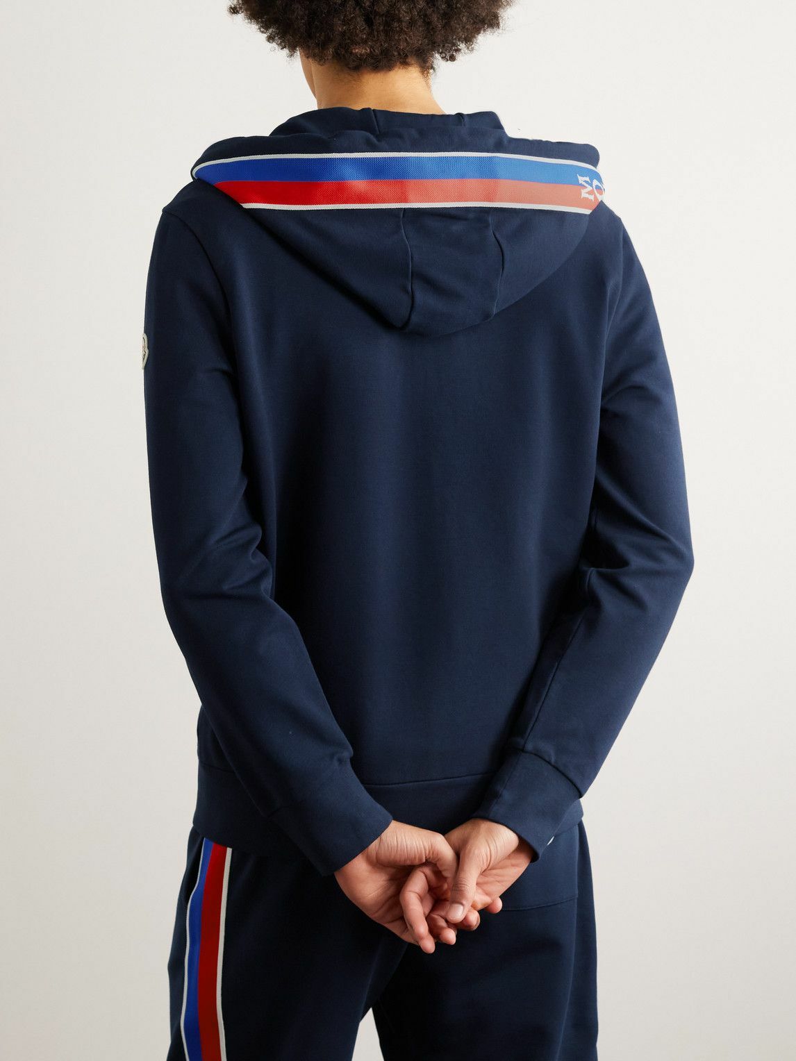 Moncler - Webbing-Trimmed Stretch-Cotton Jersey Zip-Up Hoodie