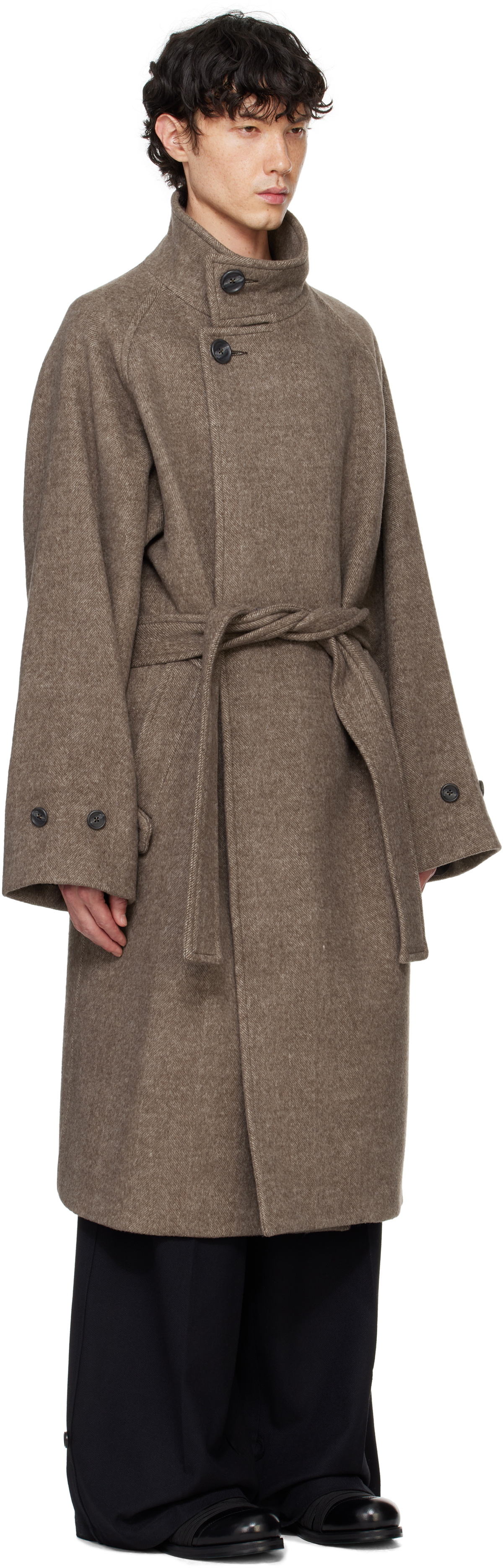 RAINMAKER KYOTO Brown Stand Collar Belted Coat RAINMAKER KYOTO