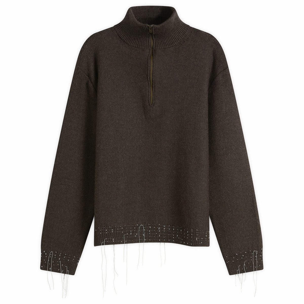 Maison Margiela Men's Wool Distress Half Zip Knit in Brown Maison