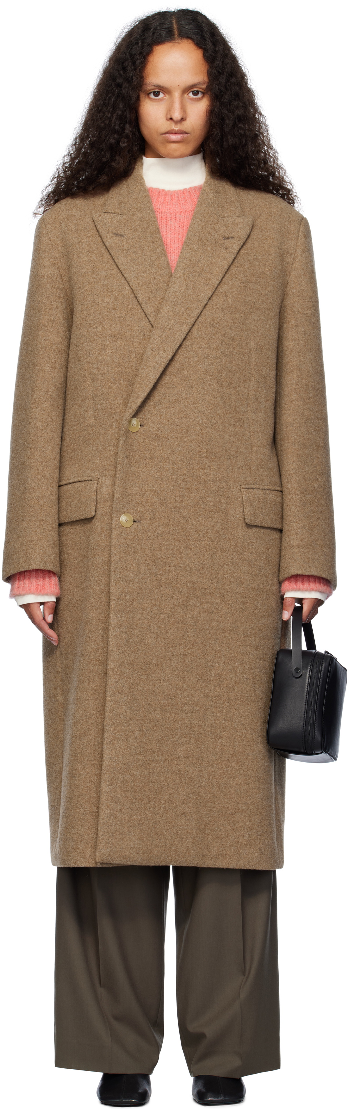 AURALEE Brown Sponge Wool Melton Chesterfield Coat Auralee